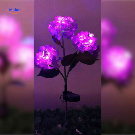 Purple hydrangea solar garden lantern with three blooming flower branches.
