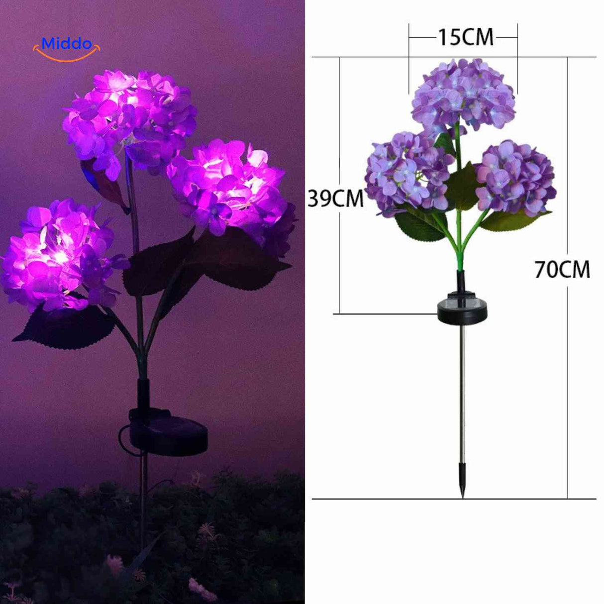 Purple hydrangea solar LED lantern with three flower blooms for garden lighting.