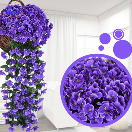 Purple artificial orchid cascade shaped in a spherical form.