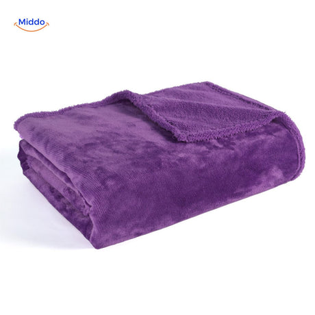 Purple waterproof pet blanket with soft cozy fleece protection.