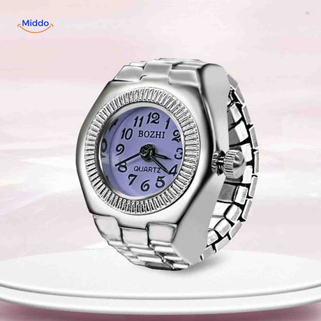 Purple round ring watch with quartz movement and unisex appeal.