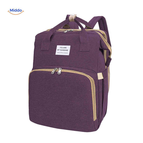 Purple stylish diaper backpack with foldable bassinet and mosquito net.