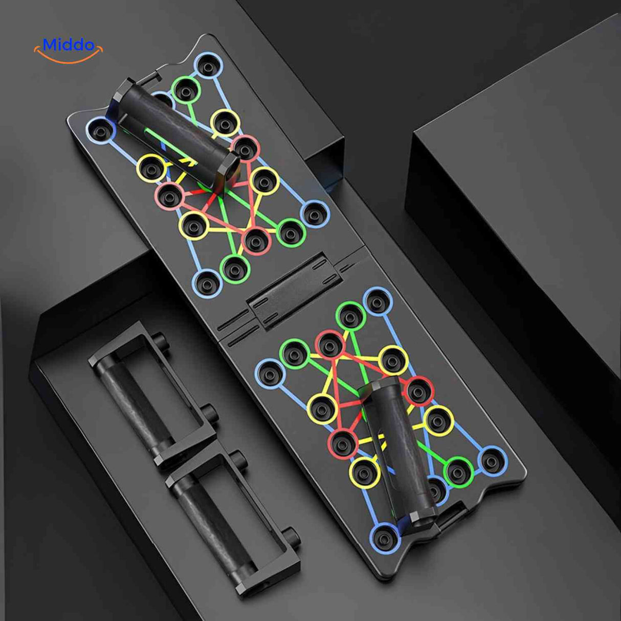 Black push-up board showing the complete multifunctional training design.
