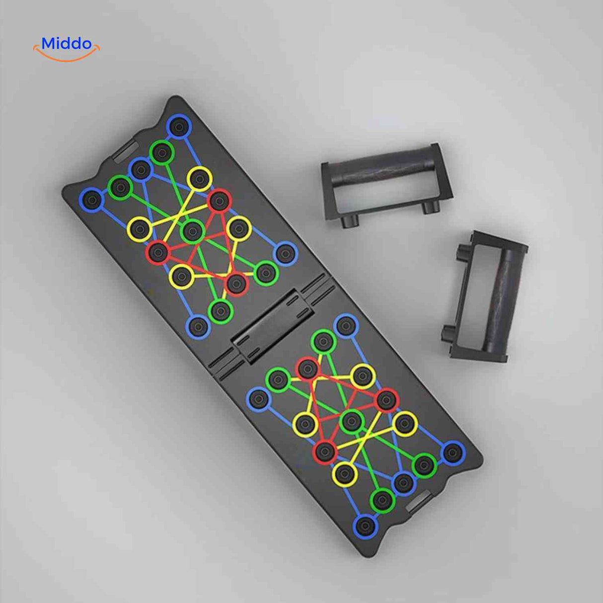 Board with ergonomic grip handles for varied hand positioning during workouts.