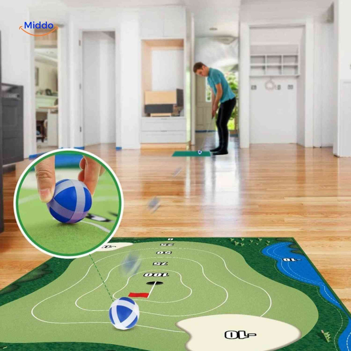 Indoor putting training mat for developing short game and accuracy.