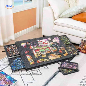 Adjustable puzzle board with storage drawers for flexible workspace setup.