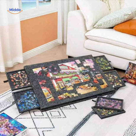 Adjustable puzzle board with storage drawers for flexible workspace setup.