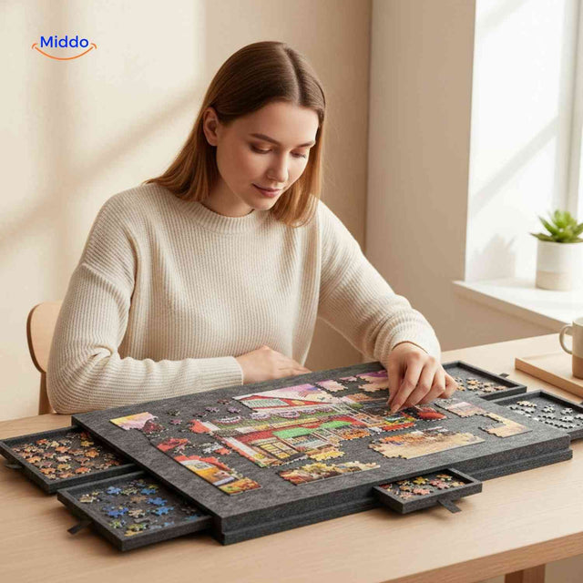 Puzzle board with integrated storage drawers for efficient puzzle piece organization.