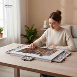 Puzzle board with pull-out drawers and sorting compartments for easy access.