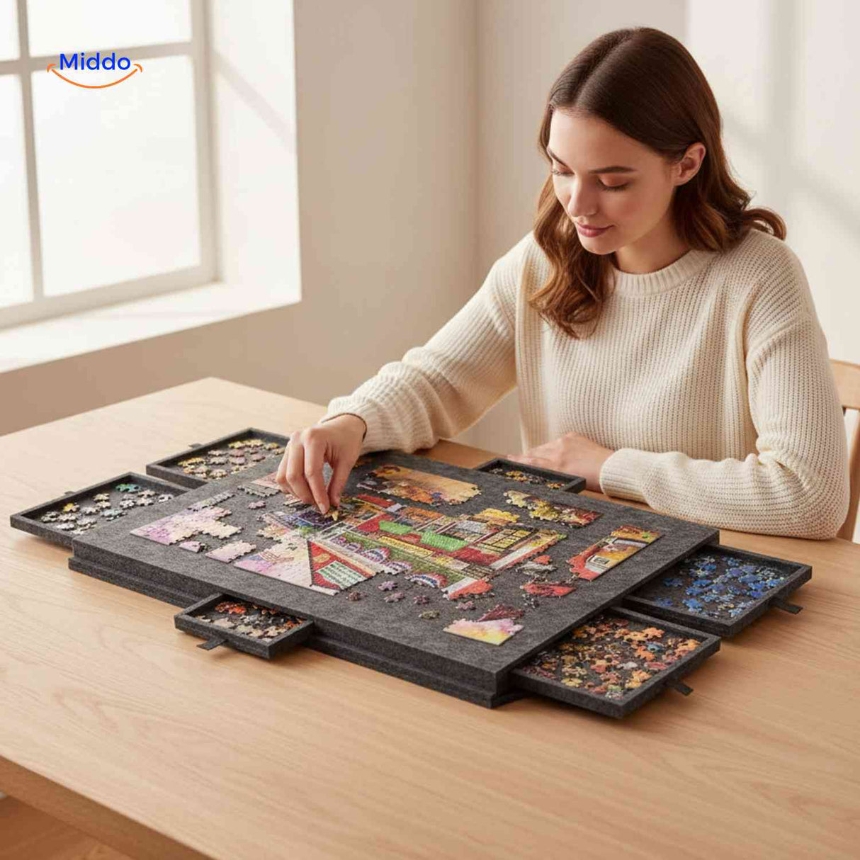Thick felt puzzle board with integrated storage drawers to prevent piece sliding.