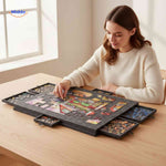 Thick felt puzzle board with integrated storage drawers to prevent piece sliding.