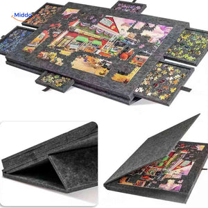 Foldable puzzle board with sorting drawers for organized piece storage and easy folding.