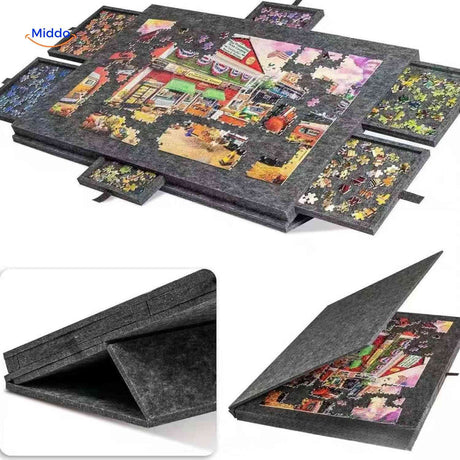 Foldable puzzle board with sorting drawers for organized piece storage and easy folding.