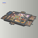 Foldable puzzle board with built-in storage system for space-saving storage.
