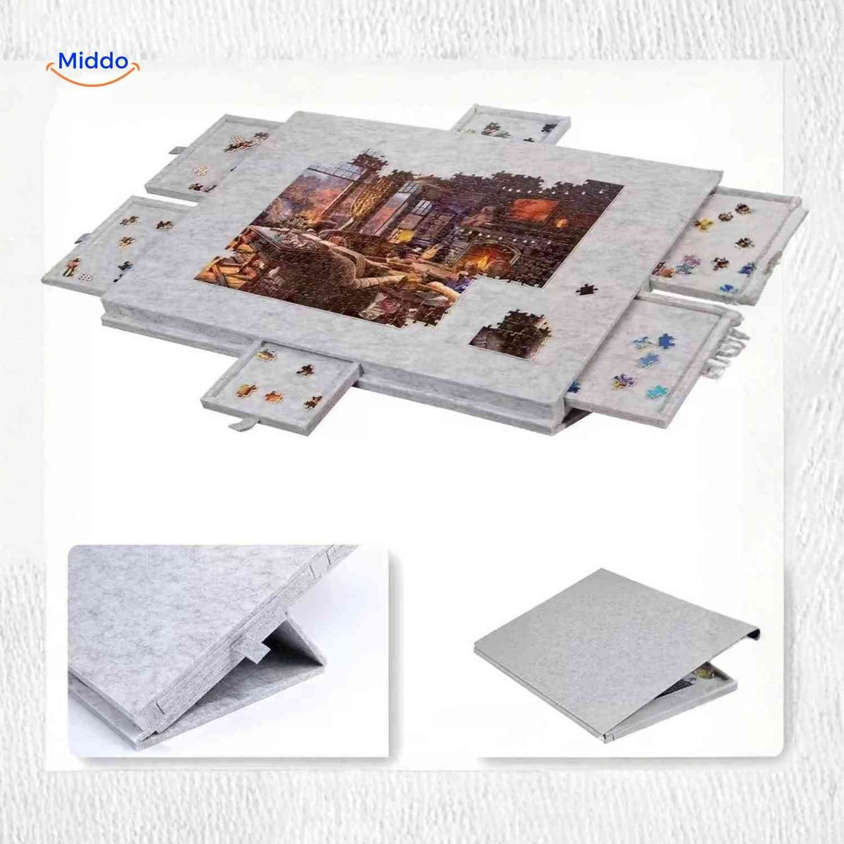 Portable puzzle board with pull-out storage drawers for travel-friendly puzzling.