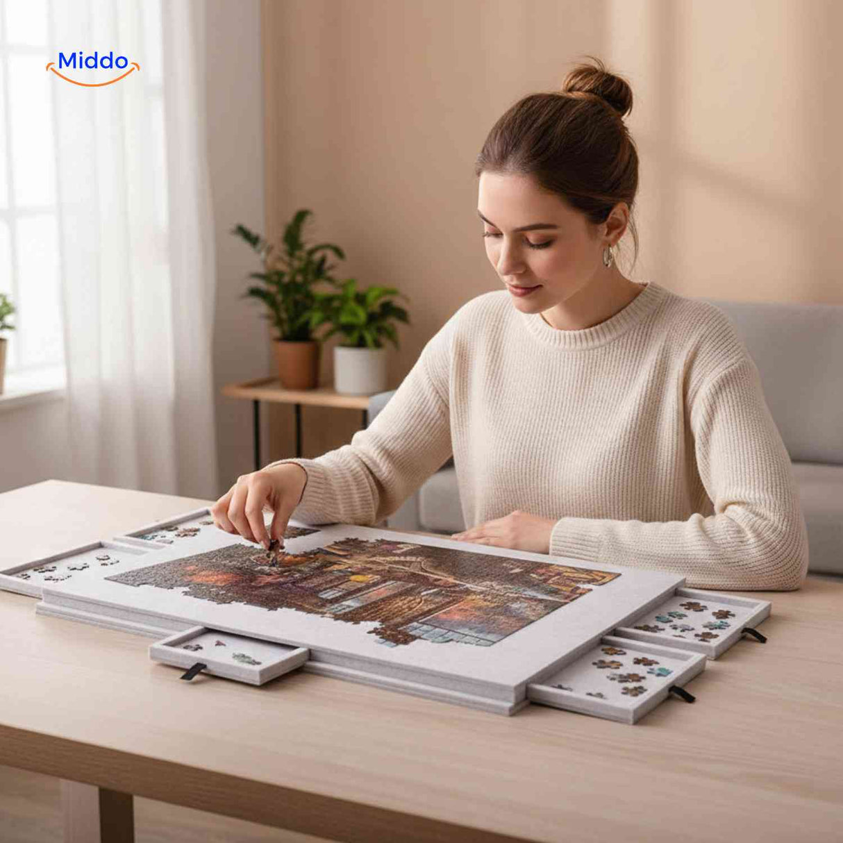 Puzzle board with extendable sorting drawers for efficient piece management.