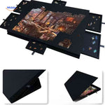 Puzzle board with sliding drawers and removable cover plate for dust protection.