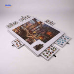 Puzzle board with sliding drawers and puzzle storage for convenient organizing.
