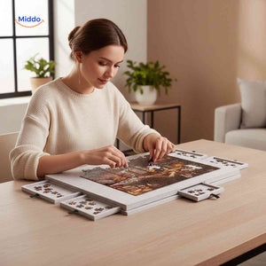 Puzzle board featuring removable drawers for sorting and organizing puzzle pieces.