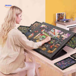 Ergonomic puzzle board with adjustable tilting stand for comfortable puzzle building.