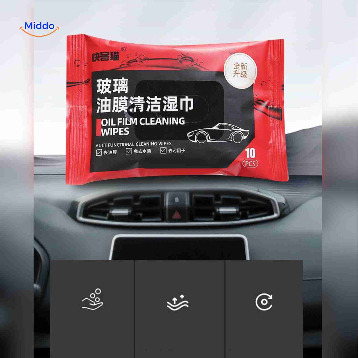 ClearView wipes packet with quick clean car window demonstration.