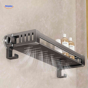Quick-drying stainless steel shelf with bottle rack and towel hooks.