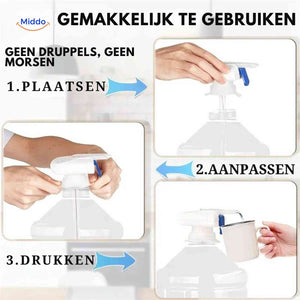 Water pump enables quick pouring without spilling or mess.