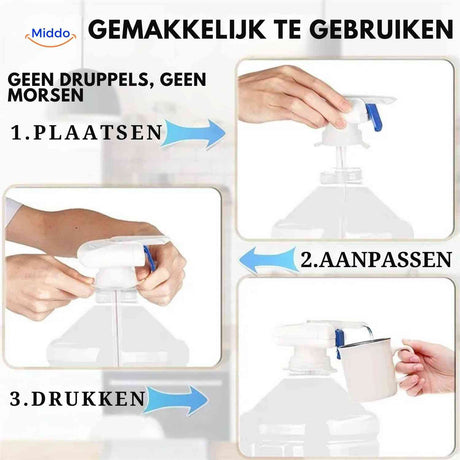 Water pump enables quick pouring without spilling or mess.