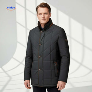 Black quilted jacket with visible pockets and button closures.