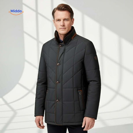 Black quilted jacket with visible pockets and button closures.