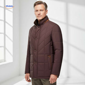 Brown quilted jacket with high stand-up collar and neat design.