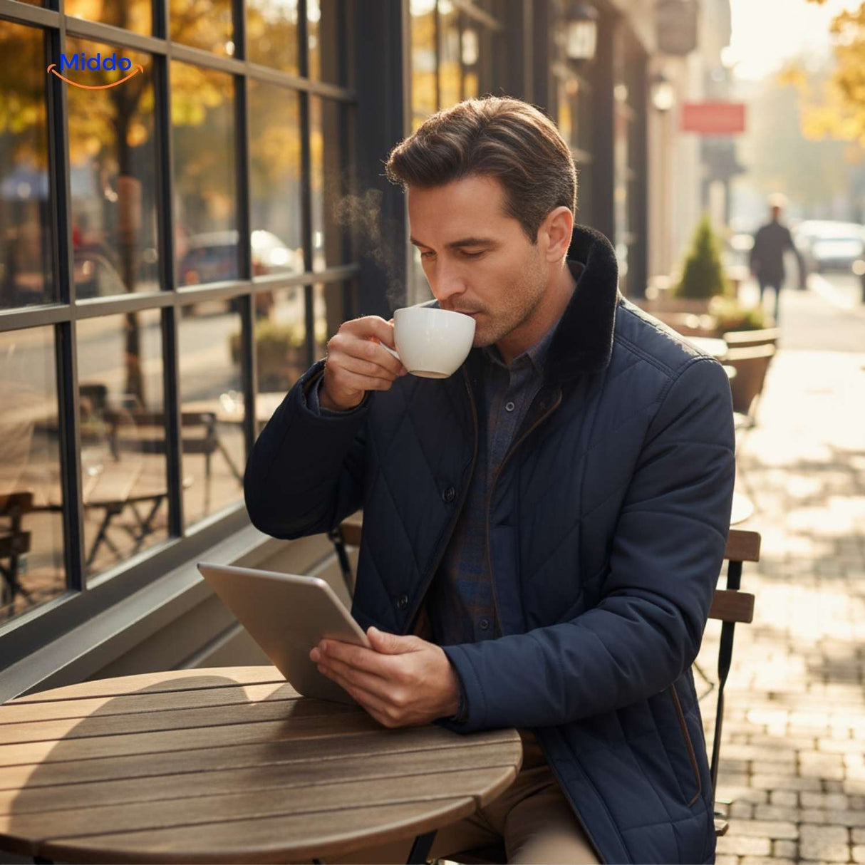 Quilted jacket with stand-up collar on man at outdoor cafe setting.