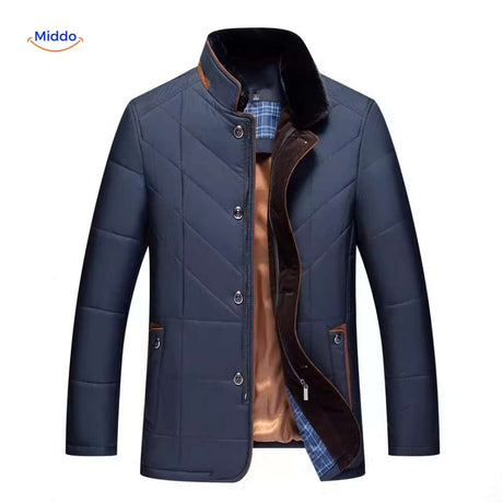 Men's quilted jacket with warm stand-up collar design detail.