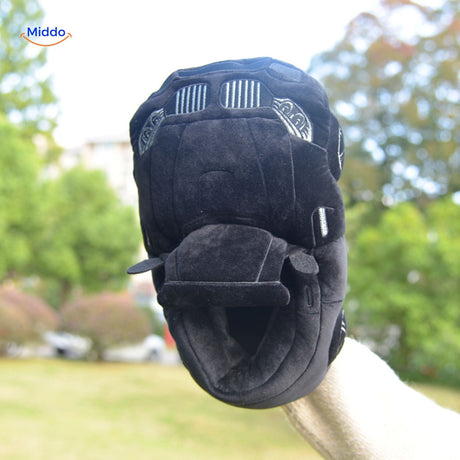 Black racecar slippers featuring sleek car model styling for home.