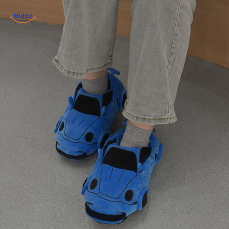 Blue car-styled slippers delivering soft warmth and cozy foot coverage.