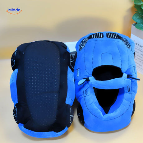 Blue car slippers bringing cozy comfort to your home relaxation time.