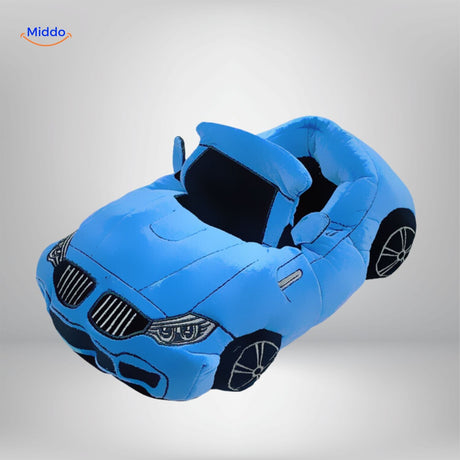 Blue racecar slippers with soft plush lining for cozy foot comfort.