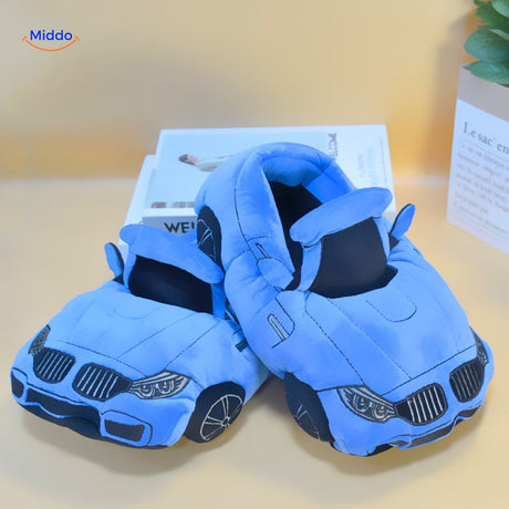 Blue racecar slippers shown from top view, displaying sleek car design.