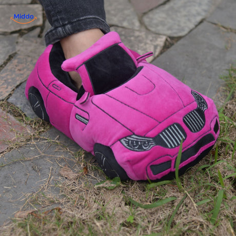 Dark pink car slippers with soft plush padding for comfortable wear.