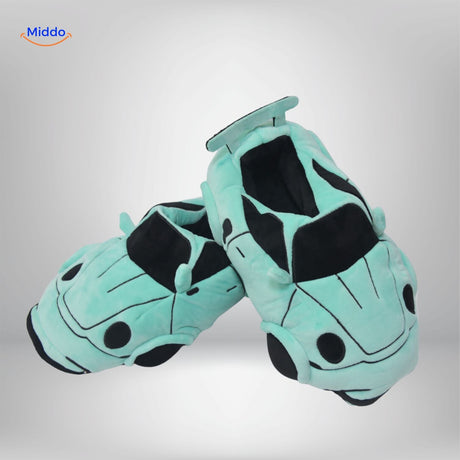 Green car slippers delivering warm plush comfort and cozy foot coverage.