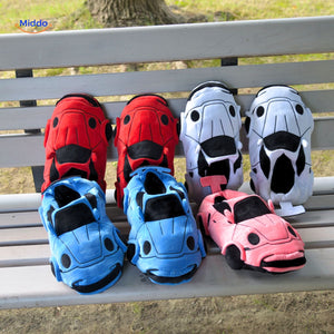 Multicolor racecar slippers collection displayed for home comfort wear.