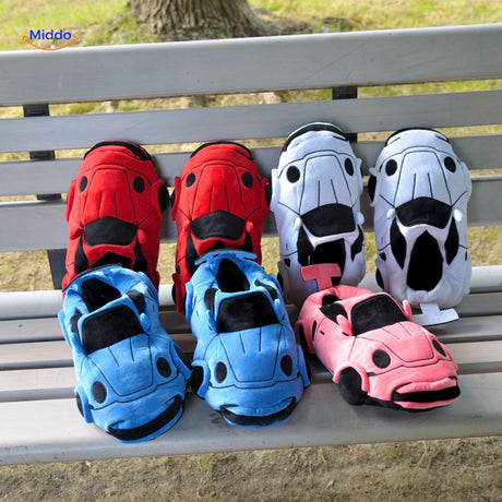 Multicolor racecar slippers collection displayed for home comfort wear.