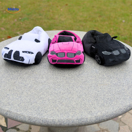 Pink car-themed slippers perfect for cozy home comfort and style.