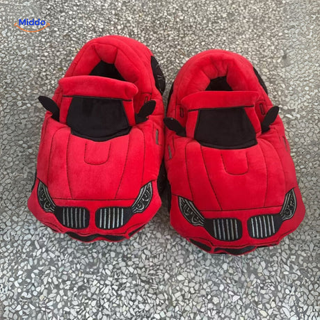 Red car-themed slippers keeping feet warm and cozy indoors.