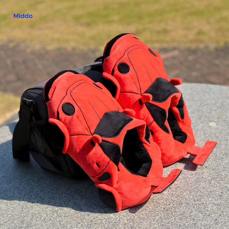 RaceGlide red racecar slippers with plush home comfort styling.