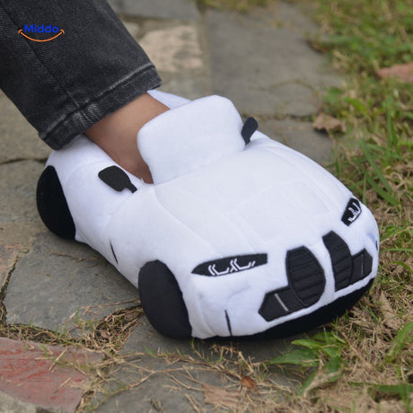 White car-themed slippers providing cozy feet coverage and warmth.