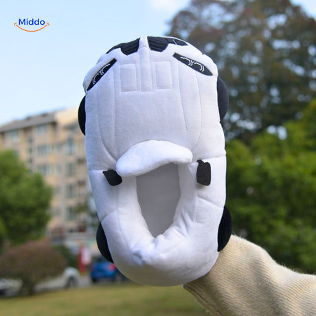 White racecar slippers showcasing stylish car design for home wear.