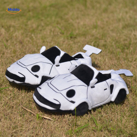 White racecar slippers with plush lining for enhanced foot comfort.