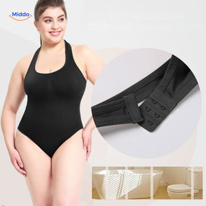 Black racerback body-shaping bodysuit with adjustable closure system.
