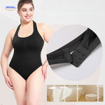 Black racerback body-shaping bodysuit with adjustable closure system.